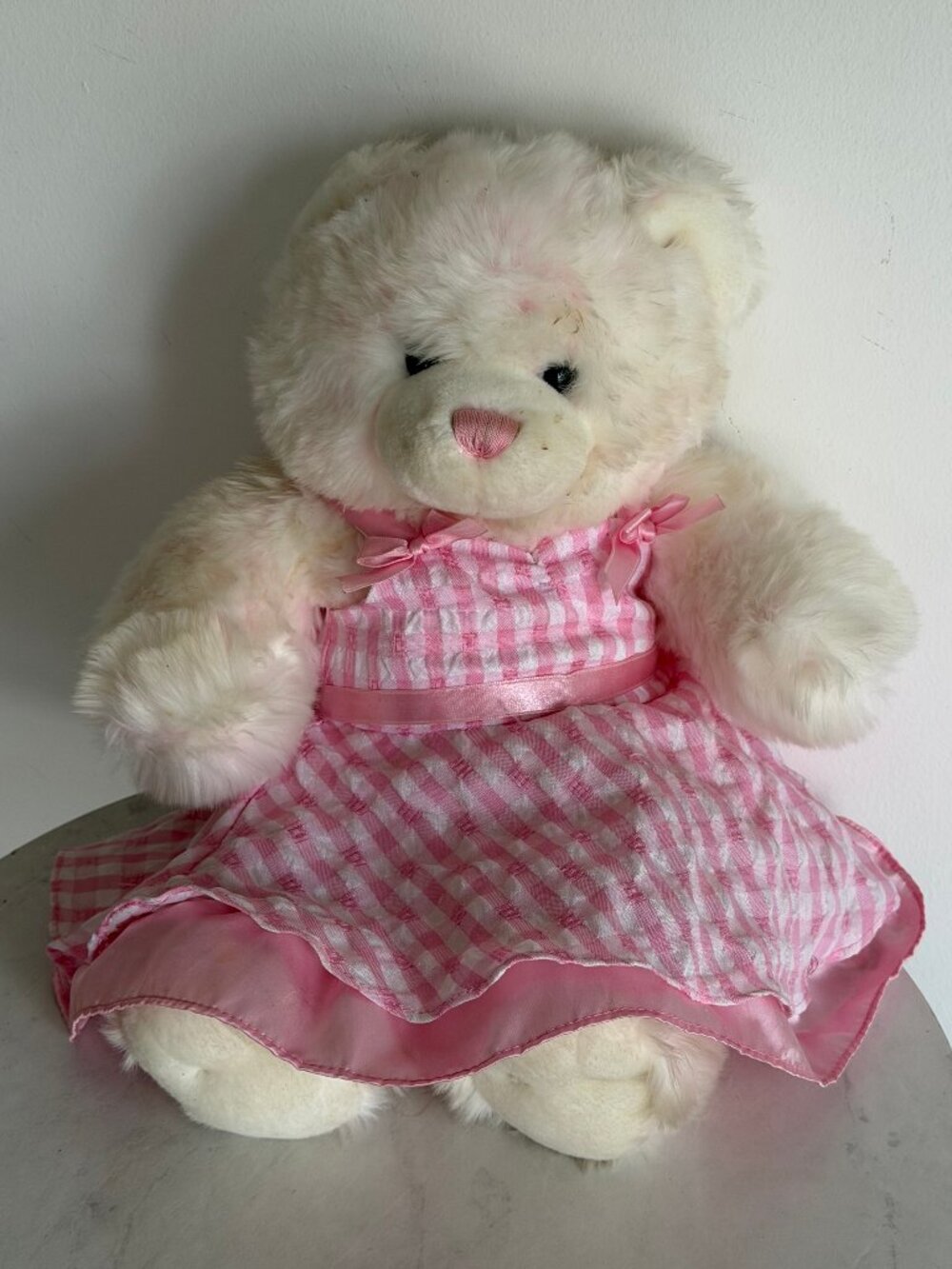 Build A Bear White Pink Marbled Teddy Bear Gingham Dress Stuffed Animal Y2K